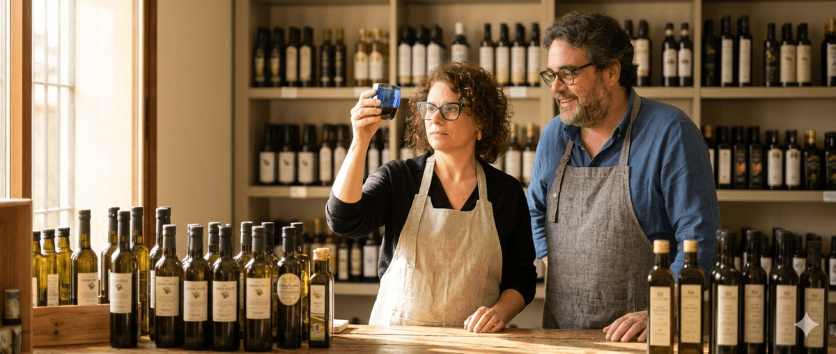 Mercedes Uceda leading an extra virgin olive oil tasting at the Molino & Cata oleoteca