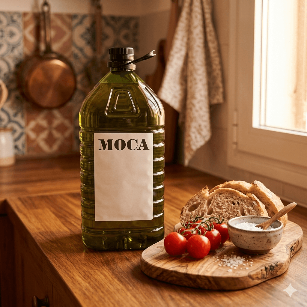 MOCA 5-litre extra virgin olive oil tin in a Mediterranean kitchen