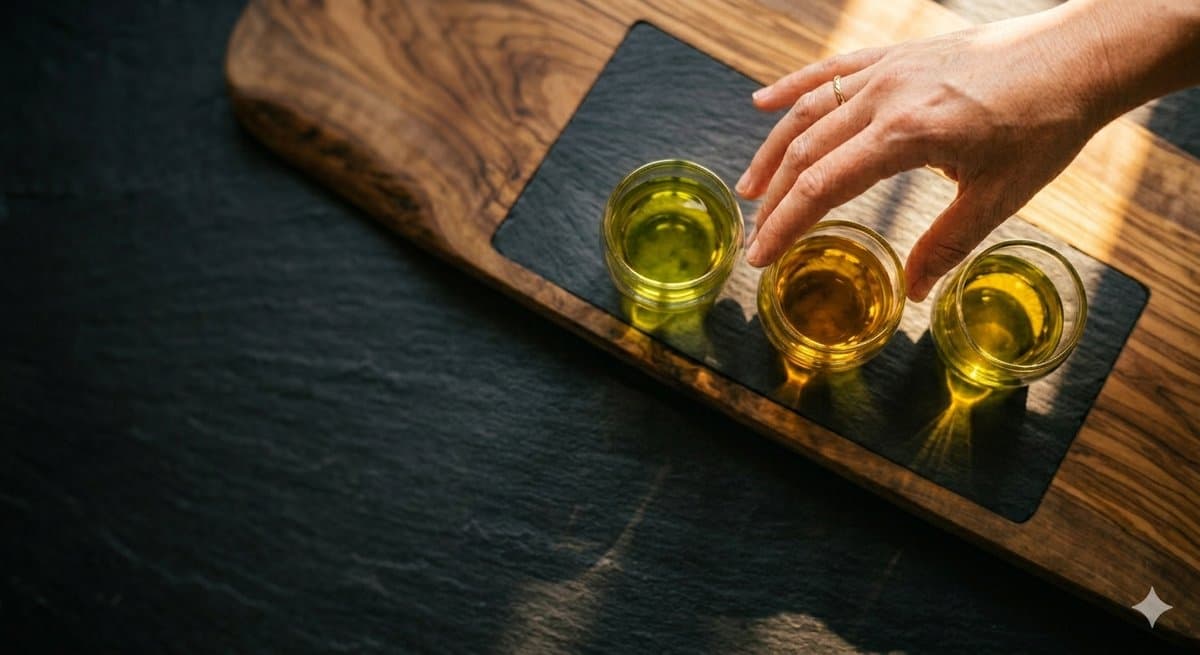 Three bottles of extra virgin olive oil with tasting cups at the Molino & Cata oleoteca